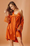 5336 Kadın Saten Ip Askılı Gecelik Sabahlık Takım-amber