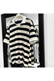 Raglan Kol Çizgili Triko Polo Yaka T-Shirt