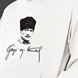 Atatürk Baskılı Cepli, Kapşonlu Beyaz Unisex Sweatshirt HK2296