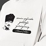 Kişiye Özel Atatürk Baskılı Cepli, Kapşonlu Beyaz Unisex Sweatshirt HK2300
