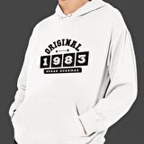 Kişiye Özel Tarih Baskılı Cepli, Kapşonlu Beyaz Unisex Sweatshirt HK2359