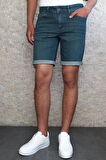 Erkek Taşlamalı Rahat Kesim Dark Green Jean Şort