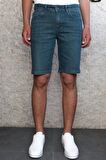 Erkek Taşlamalı Rahat Kesim Dark Green Jean Şort
