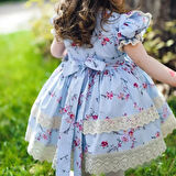 Mavilim Dantelli Vintage Kız Bebek Elbisesi,Doğum günü , fotoğraf çekim elbisesi,0-12 Yaşa Uygun