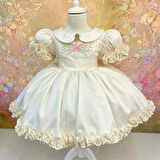 Krem Saten Nakışlı Kız Bebek Elbisesi,Özel Dikim Çocuk Elbisesi, Doğum günü elbisesi, 0-12 Yaş