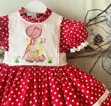 Kırmızı Puantiyeli Nakışlı Kız Bebek Elbisesi,Özel Dikim Çocuk Elbisesi, Doğum günü elbisesi, 0-12 Yaş