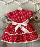 Kırmızı Puantiyeli Nakışlı Kız Bebek Elbisesi,Özel Dikim Çocuk Elbisesi, Doğum günü elbisesi, 0-12 Yaş
