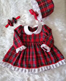 Kırmızı Ekose Kız Bebek Elbisesi,Özel Dikim Çocuk Elbisesi, Doğum günü elbisesi, 0-12 Yaş
