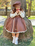 Kahverengi Eteği Nakışlı Kız Bebek Elbisesi, Doğum günü elbisesi, fotoğraf çekim elbisesi,0-12 Yaşa Uygun