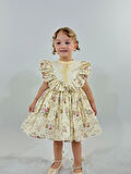 Defne Krem Çiçekli Vintage Kız Bebek Elbise,Doğum günü elbise,fotoğraf çekim elbise,0-7 Yaş Uygun