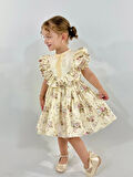 Defne Krem Çiçekli Vintage Kız Bebek Elbise,Doğum günü elbise,fotoğraf çekim elbise,0-7 Yaş Uygun