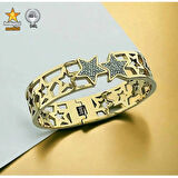 316 L Gold Zirkon Detay Yıldız Tasarım Kalın Çelik Kelepçe Bileklik - HMÇB-0023