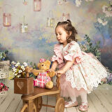 Somon Mint Çiçekli Vintage Elbise, Özel Dikim,Doğum günü ,fotoğraf çekimi,0-12 Yaşa Uygun