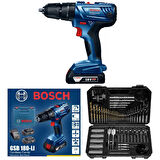 Bosch Gsb 180-LI 18V 2AH Çift Akülü Darbeli Akülü Vidalama Şarjlı Matkap + 103 Parça Matkap Ucu Seti Vidalama Ucu Seti