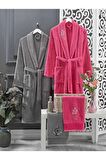 4 Parça Aile Bornoz Seti Kadın Erkek Havlulu Bornoz Takımı  Fuşya Gri