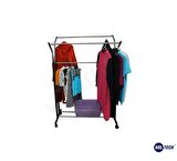HOLTECH V Ayarlı Paslanmaz Metal Konfeksiyon Elbise Askılık Tekerlekli Portatif Eşek Vitrin Raf