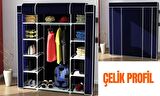 Çift Yandan Raflı Çelik Profilli Bez Dolap Kumaş Gardırop 