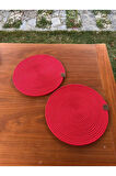 Kırmızı Yılbaşı Temalı Hasır Görünümlü Yuvarlak Supla – Leke Tutmaz, El Yapımı – 33x33 Cm