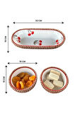 Kiraz Desenli Hasır Görünümlü 3’lü Sunum Seti – Doğal ve Dekoratif Sunum Takımı – Kırmızı Renk