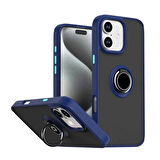 Apple iPhone 16 Uyumlu Kılıf Yüzüklü Standlı Extra Darbe Koruma Sert Silikon Kapak - Lacivert
