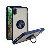 Apple iPhone XS Uyumlu Kılıf Yüzüklü Standlı Extra Darbe Koruma Sert Silikon Kapak - Lacivert