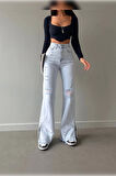 Buz Mavi Lazer Detaylı Premium Yıkamalı Wide Leg Jeans