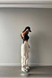Bej Premium Yıkamalı Wide Leg Jeans