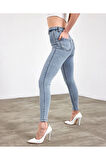 Kar Yıkama Yüksek Bel Skinny Fit Jean Likralı Önü Cepsiz Tayt Pantolon