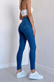 Açık Mavi Yüksek Bel Skinny Fit Jean Likralı Önü Cepsiz Tayt Pantolon