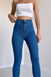 Açık Mavi Yüksek Bel Skinny Fit Jean Likralı Önü Cepsiz Tayt Pantolon