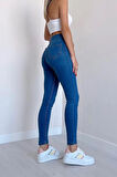 Açık Mavi Yüksek Bel Skinny Fit Jean Likralı Önü Cepsiz Tayt Pantolon