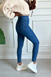 Mavi Yüksek Bel Skinny Fit Jean Likralı Önü Cepsiz Tayt Pantolon