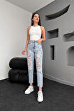 Premium Yırtık Buz Mavi Mom Jeans