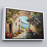 Altın Çerçeveli Deniz Yakınında Ev, Renkli Çiçekler, Deniz Manzaralı Kanvas Duvar Tablosu