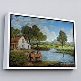 Beyaz Çerçeveli Köy Ve Akarsu Manzaralı Dekoratif Kanvas Duvar Tablosu