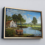 Beyaz Çerçeveli Köy Ve Akarsu Manzaralı Dekoratif Kanvas Duvar Tablosu