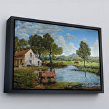 Beyaz Çerçeveli Köy Ve Akarsu Manzaralı Dekoratif Kanvas Duvar Tablosu