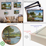 Beyaz Çerçeveli Köy Ve Akarsu Manzaralı Dekoratif Kanvas Duvar Tablosu