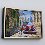 Beyaz Çerçeveli Eski Kırmızı Araba Yağlıboya Görünüm Dekoratif Duvar Tablo