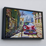 Beyaz Çerçeveli Eski Kırmızı Araba Yağlıboya Görünüm Dekoratif Duvar Tablo