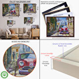 Beyaz Çerçeveli Eski Kırmızı Araba Yağlıboya Görünüm Dekoratif Duvar Tablo