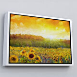 Altın Çerçeveli Ayçiçeği Tarlası Yağlıboya Görünüm Dekoratif Kanvas Tablo