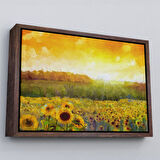 Altın Çerçeveli Ayçiçeği Tarlası Yağlıboya Görünüm Dekoratif Kanvas Tablo