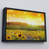 Kahverengi Çerçeveli Ayçiçeği Tarlası Yağlıboya Görünüm Dekoratif Kanvas Tablo