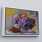 Beyaz Çerçeveli Renkli Çiçekler Yağlıboya Görünüm Dekoratif Kanvas Duvar Tablosu