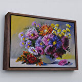 Beyaz Çerçeveli Renkli Çiçekler Yağlıboya Görünüm Dekoratif Kanvas Duvar Tablosu