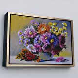 Beyaz Çerçeveli Renkli Çiçekler Yağlıboya Görünüm Dekoratif Kanvas Duvar Tablosu
