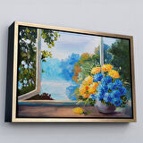 Altın Çerçeveli Pencere Kenarıdaki Çiçek Buketi Kanvas Duvar Tablosu