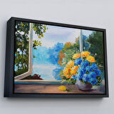 Altın Çerçeveli Pencere Kenarıdaki Çiçek Buketi Kanvas Duvar Tablosu