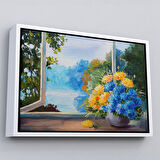 Altın Çerçeveli Pencere Kenarıdaki Çiçek Buketi Kanvas Duvar Tablosu